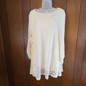 Indigo Soul‎ Top Womens L Ivory Tunic Crochet Lace Overlay Soft Boho Cottagecore